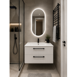 Set mobilier baie suspendat alb cu fronturi MDF riflate, 2 sertare și oglindă ovală LED A-20